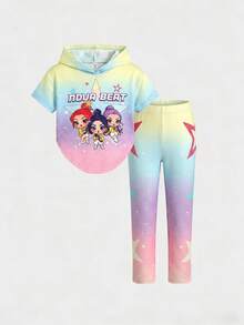 SHEIN 2pcs Baby Girl Tie-Dye Cute Girl Pattern Knitted Sleeveless T-Shirt And Leggings Set - Multicolor - View 5