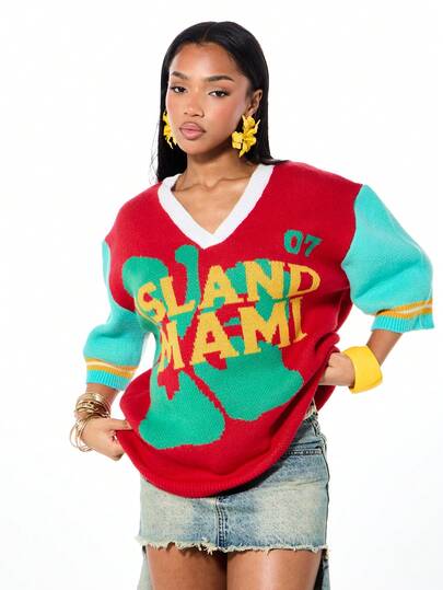 SUMWON WOMEN Vintage Style Statement Graphic Oversized V-Neck Sweater With Bold Miami Typography Colorblock Design