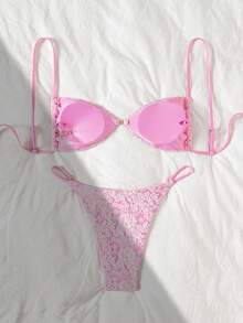 Swim Mod Women's 2pcs Floral Textured Gold Pearl Bandeau Bikini Set,Pink,Summer,Cute,Holiday,Pool Party,Holiday Lace Swimwear Bathing Suit For Women - Pink - View 2