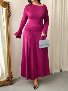 Firerie Plus Size Elegant Formal Blush Pink Autumn Dress For Women,Wedding Ninang,Ruched Flare Long Sleeve,Tummy Flattering,Curvy Office Party Valentine's Day - Hot Pink - View 5