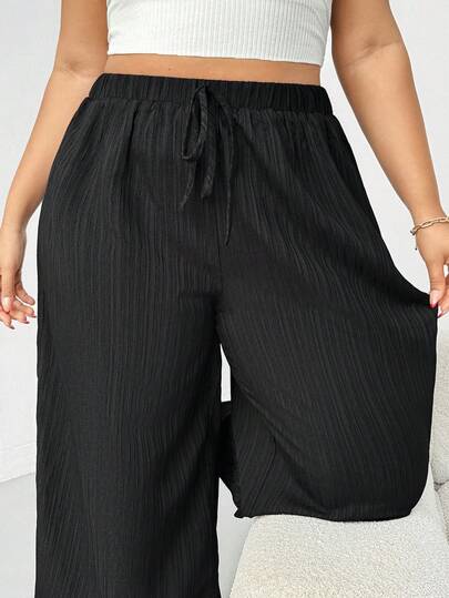 Shapeblank 大码女装春夏时尚休闲宽松舒适日常百搭基础款纹理面料弹力腰黑色阔腿七分裤，女式下装，夏季穿搭，宽松裤，工作裤，简约风格