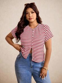 Elaquor Plus Size Summer Casual Striped Button Front Short Sleeve T-Shirt, Going Out Tops - Red and White - View 4