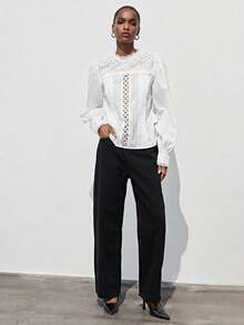 Maija 女士纯色镂空刺绣长袖休闲衬衫，适合夏季度假、春假、春季、海滩、生日、外出等场合，优雅时尚，白色上衣，适合夏季外出、毕业典礼等场合。 - 白色 - 查看 4