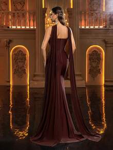 Glamrae 优雅深棕色无肩带腰部网纱透视鱼骨褶皱腰部美人鱼尾垂褶礼服（含可拆卸颈饰），厚重晚礼服 - 鏽棕色 - 查看 4