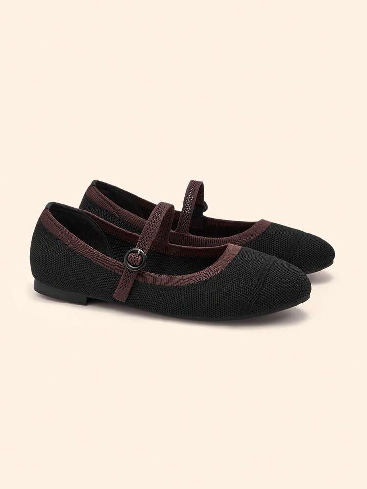 CUCCOO BASICS Women's Round Toe Flat Black Knit Slip-On Sandals With Double Straps And Buckle Closure, Comfortable Breathable Casual Commute Versatile Mary Jane Shoes Spring Shoes