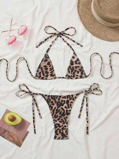 Swim SXY Women's Leopard Print Halter Neck Backless Sexy Beach 2-Piece Bikini Swimsuit, Summer