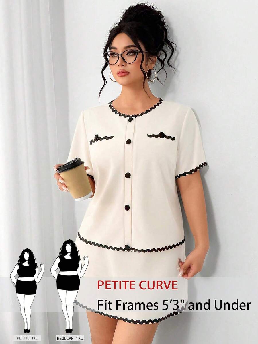 SHEIN PETITE CURVE Plus Size Women's Elegant Black And White Summer 2-Piece Set,Office Round Neck Single-Breasted Top And Skirt Suit,Minimalist Daily Commute - Apricot - View 1