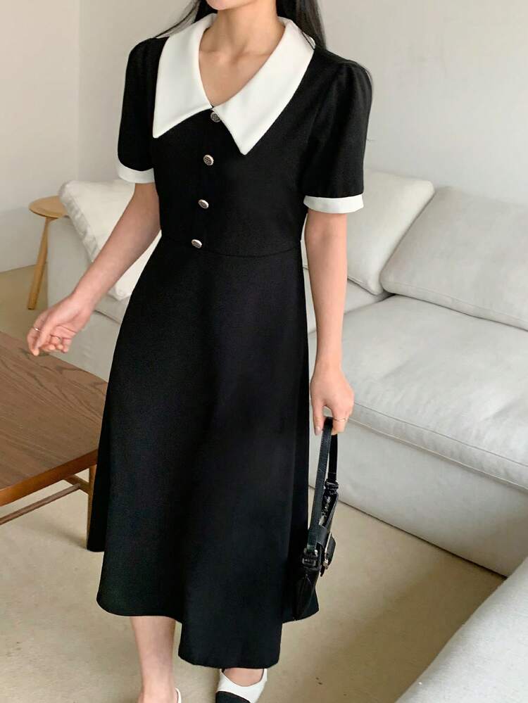 Women's Black & White Patchwork Color Block Midi Dress Sundress Summer