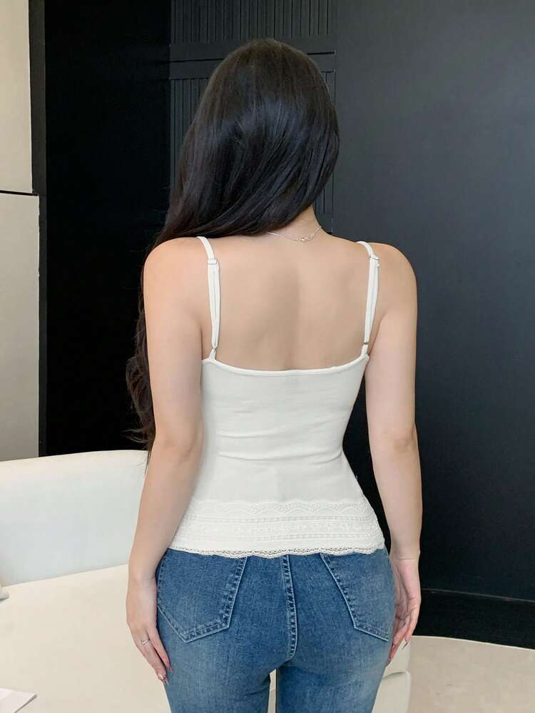 White Lace Patchwork Camisole Top With Built-In Padded Bra For Women