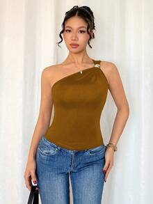 RosyDaze Women's Black Sexy Metallic Pleated Sleeveless Bodysuit One Shoulder Top One Sleeve Top Brown Top One Shoulder Blouse - Rust Brown - View 3