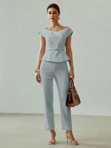 MOTF PREMIUM ELEGANT & FASHIONABLE DOUBLE-BREASTED COMMUTER BLOUSE - Blue - View 5