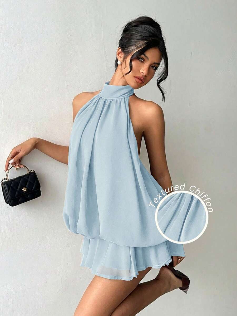 Aloruh Vestido mini elegante de mujer con cuello halter y lazo en color amarillo claro - Celeste - Ver 1