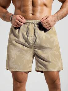 Manfinity Swimmode Herrshorts med dragsko och kokosnötstryck i midjan, avslappnade semester- och strandkläder - Kaki - Visa 5