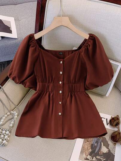 Franclia Women's New Retro Caramel Brown Square-Neck Puff-Sleeve Blouse – Summer-Ready, Waist-Tucked Ruched Design, Effortlessly French-Chic For Office & Date Nights