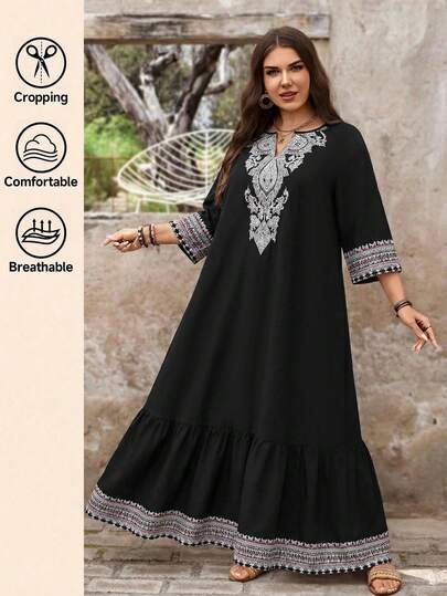 Comfylo Plus Size Vintage Print Cutout Neck Casual Vacation Dress Modest Dress Abaya Dress Casual Women's Dresses Casual Outfit For Women Summer Vacation Outfits Valentine's Day Valentine Outfits For Women Summer Outfits Summer Outfit For Women Spring Break Outfits فساتين ساتره Modest Dress Abaya Dress