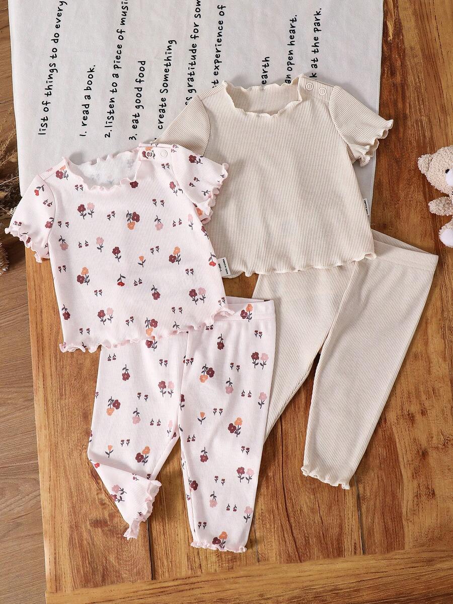 SHEIN LMoss Kids 新生女宝宝4件套休闲碎花荷叶边圆领短袖上衣和裤子针织罗纹睡衣套装，夏季 - 彩色 - 查看 1