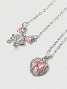 ROMWE Kawaii 5-8pcs/Set Fashionable Y2K Crystal Heart, Butterfly, Tulip, Bow Pendant Necklaces Set, Shiny Jewelry, Gift For Women, Valentine's Party - 5pcs-aH23923 - View 11