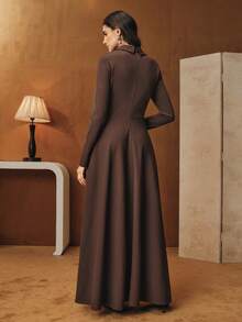 Anewsta French Elegant V-Neck Pleated Waist Midi Dress Windbreaker For Women - Chocolate Brown - View 2