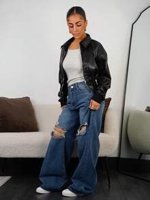 SAYEHFBABY Washed Denim Blue High Waist Ripped Wide Leg Jeans - Medium Wash - View 4