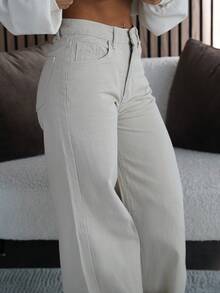 SAYEHFBABY 女式高腰口袋阔腿宽松休闲牛仔裤 - 白色 - 查看 3