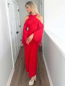 Sydney Algeri 2025 Autumn And Winter New Elegant Commuter Solid Color Fit Bright Red Cross Neckline & Tassel Long Sleeve Women Jumpsuit, Suitable For Parties And Daily Outings,Country Concert Outfit,Halloween,Christmas, Night Out,Wedding Guest Dress,Birthday Dress,Brunch Outfits For Women,Daily Outings -A - Red - View 5