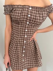 Sydney Algeri 女士休闲时尚修身格子露肩迷你连衣裙 - 咖啡棕 - 查看 4
