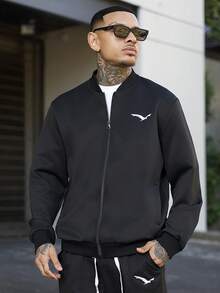 Devon Thys Men's 2 Pieces Bird Graphic Print Bomber Jacket And Jogger Pants Set For Spring Autumn Casual Outdoor Wear - Black - View 5