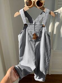 SHEIN Bộ áo liền quần yếm cho bé trai kiểu dáng thường ngày, dễ thương, đa năng, họa tiết sọc hoạt hình hình gấu. - Đen và trắng - Xem 8