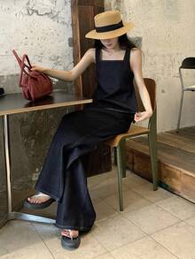 DAZY Women's Casual Sleeveless Shirt And Loose Fit Jeans Set, Retro Style - Blue - View 7