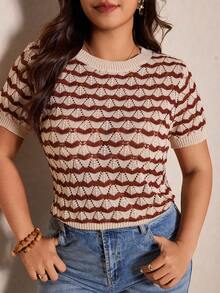 Elaquor 大码优雅法式镂空针织外壳图案透气休闲百搭套头针织上衣，适合女士，春夏款 - 米色 - 查看 6