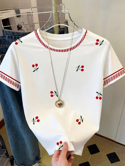 Resyla 女士Y2K樱桃红条纹撞色印花圆领短袖T恤，简约时尚，夏季必备