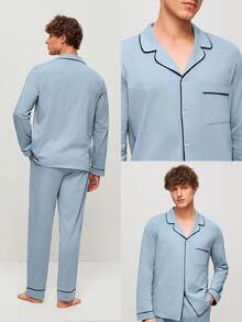 LUVLETTE Bộ đồ ngủ mùa xuân và hè mềm mại, 100% cotton nguyên chất, màu xanh da trời nhạt, kiểu dáng cơ bản, gồm áo dài tay cài cúc và quần, bộ đồ mặc nhà cho nam, quần có túi, đồ ngủ cotton. - Màu xanh nhạt - Xem 3