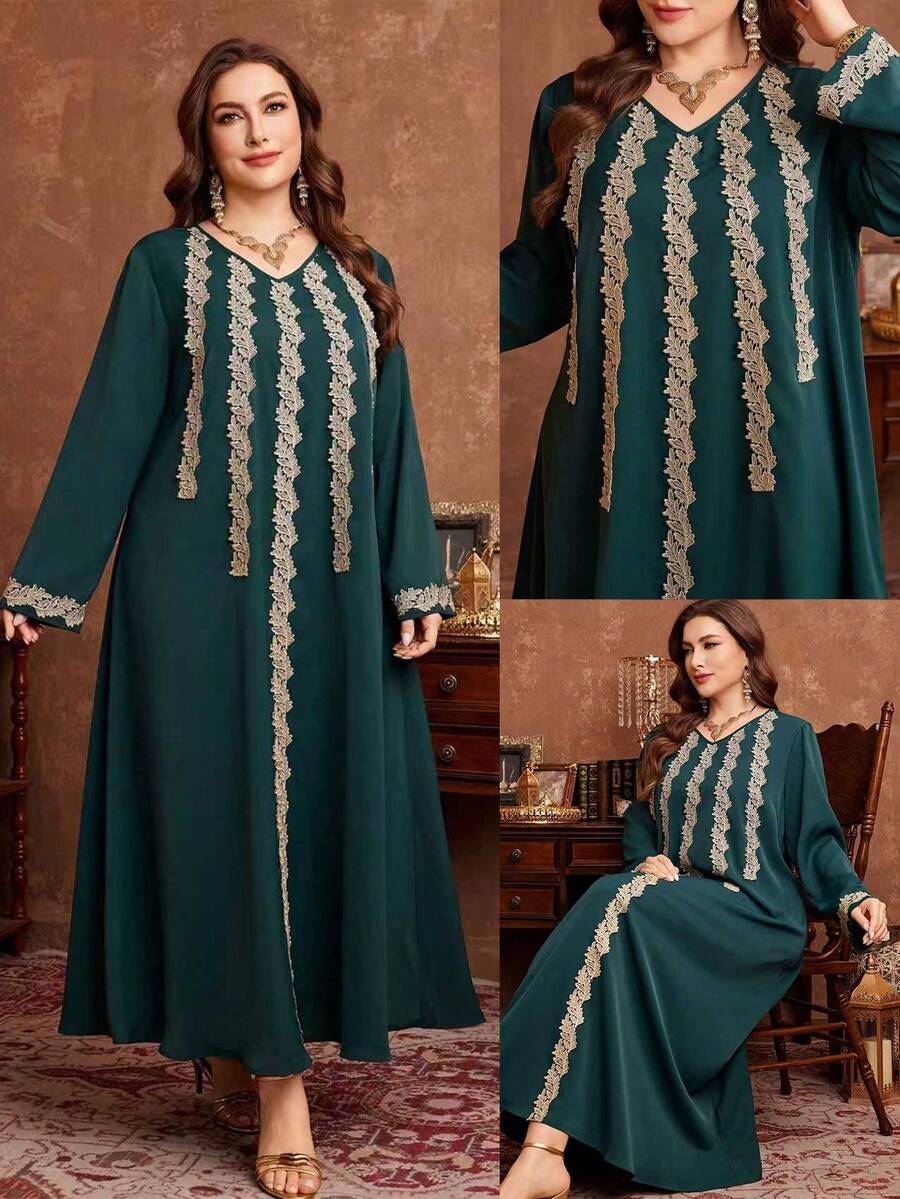 Al Najma Vestido largo y holgado con estampado floral de patchwork, elegante y casual, adecuado para primavera y otoño, tallas grandes para mujeres - Verde - Ver 1
