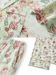 LUVLETTE Basics 女款軟棉綠色花卉印花鈕扣上衣與長褲家居服套裝，輕盈透氣睡衣，附口袋圖案設計 - 綠色 - 查看 4
