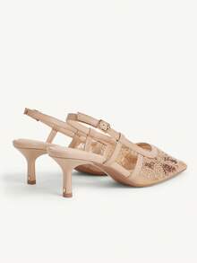 CUCCOO CHICEST Women's Embroidered Mesh Beaded Square Toe Mid-Heel Slip-On Pumps, Elegant Party Wear Stilettos - Apricot - View 5