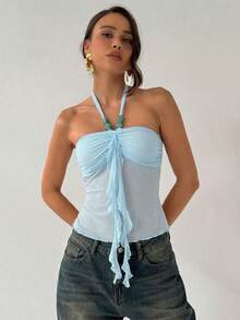 Aloruh Áo nữ không tay cổ yếm màu trơn, chất liệu xuyên thấu với viền bèo nhún, thích hợp cho mùa hè. - Màu xanh lam - Xem 3