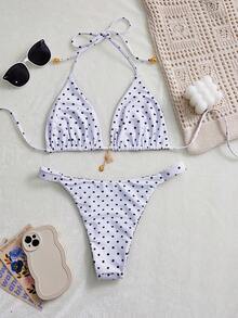Swim Mod 女士夏季新款海滨度假时尚甜美可爱撞色波点印花双面露背系带性感比基尼套装 - 黑與白 - 查看 8