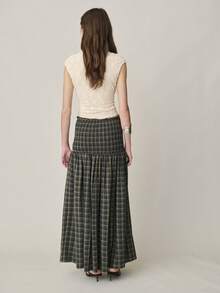 Nöista Midi Checks Skirt, High Waist With Smock Stitching Area On Waist, Green And Black Checks. Causl Outfit For Women, Spring Summer Clothes. - Green - View 2