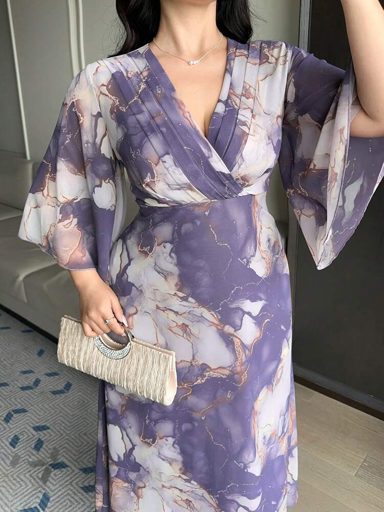 Dazy Plus Plus Size Floral Print V-Neck Waist Ruffle Sleeve Elegant Purple Chiffon Maxi Dress, Party/Spring/Summer Sundress Boho
