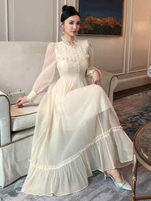 DAZY 女士优雅蕾丝拼接立领泡泡袖连衣裙，秋季婚礼宾客礼服/吊带裙 - 米色 - 查看 6