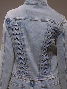 MUSERA Áo khoác denim dáng ôm cổ cao buộc dây, chỉ dành cho mùa đông, phong cách đường phố dễ thương, thích hợp đi chơi, phong cách phương Tây, màu bạc phai. - Rửa trung bình - Xem 2