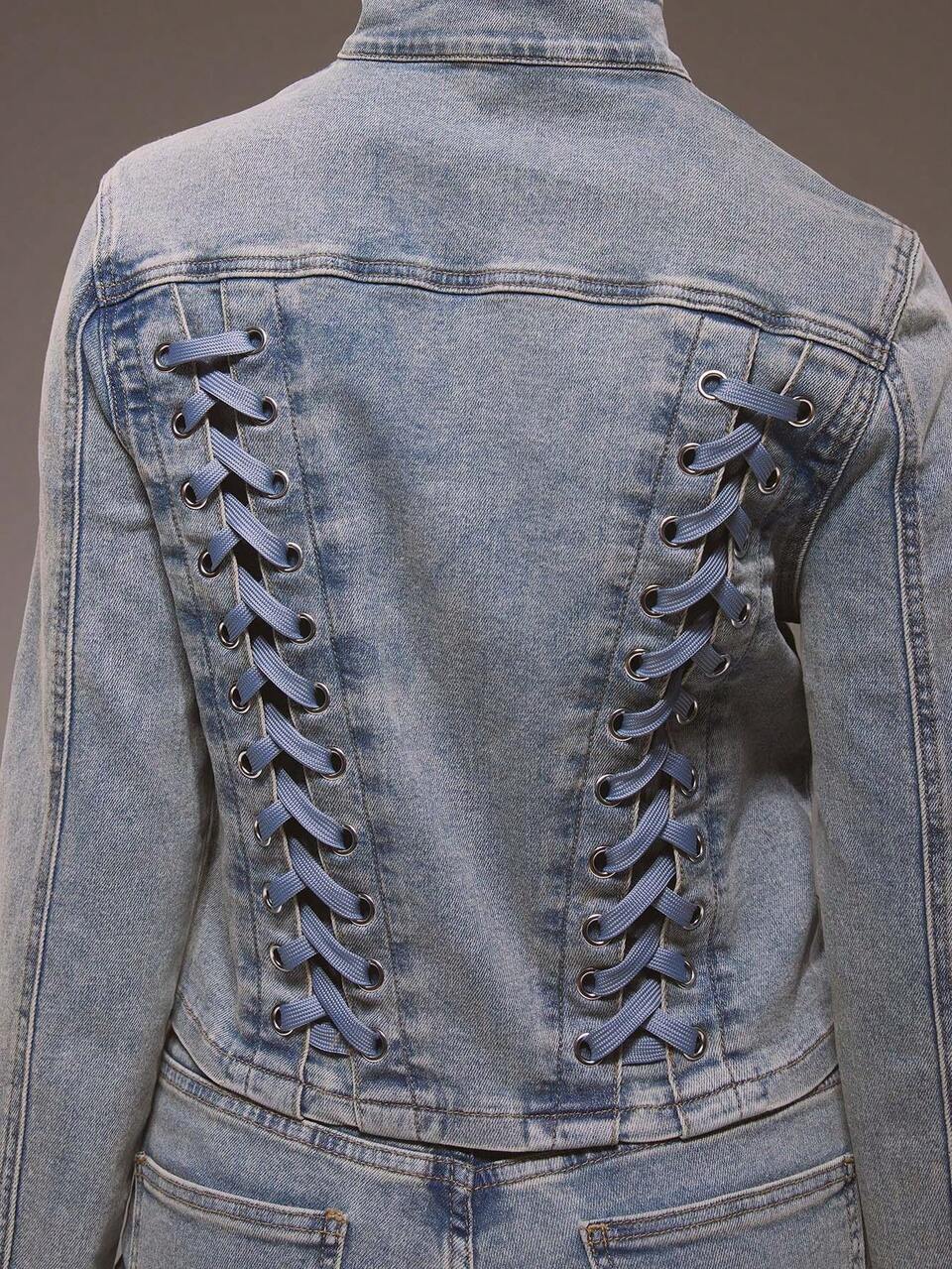 Slim Fit Lace Up Funnel Neck Denim Jacket Only Winter Cute Streetwear Going Out Casual Western Born Faded
