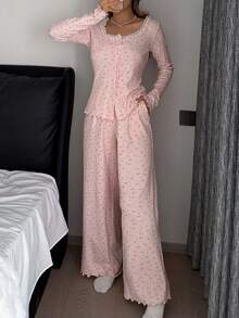 Livesso 两件套碎花荷叶边领开衫和宽松长裤睡衣套装，春季女士睡衣 - 淺粉色 - 查看 8