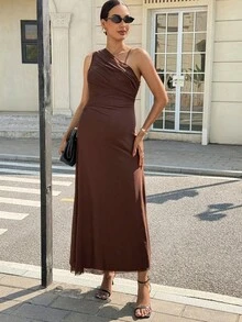 MaterniWear Brown Asymmetrical Neckline Ruffled Elegant Sleeveless Dress For Pregnant Women; Chocolate Brown Dress; Brown Maxi Dress; Elegant Brown Dress; Women's Brown Wedding Guest Dress; Maternity Dress; Maternity Wear; Elegant Summer. - Chocolate Brown - View 5