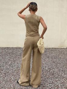 DAZY 女士休闲牛仔套装 - 圆领短袖上衣和裤子 - 卡其色 - 查看 2