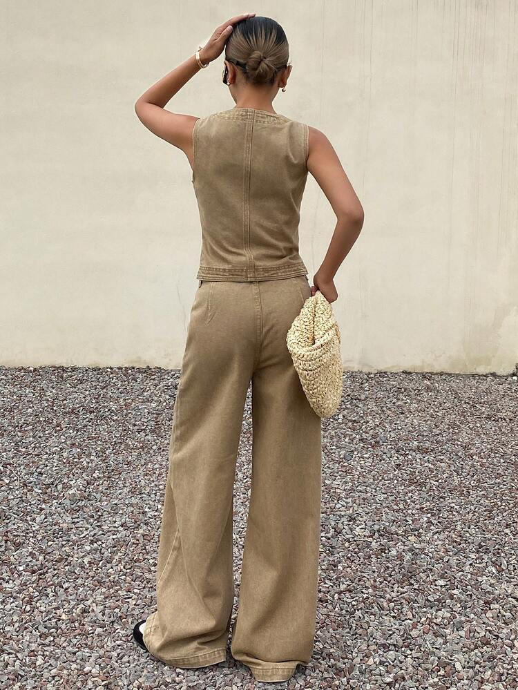 Women's Casual Denim Outfit - Round Neck Short Sleeve Top And Pants Set Summer