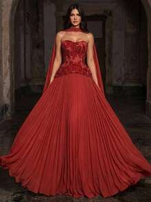 Glamrae Orange Fabric Sleeveless Strapless Maxi Dress For Women Featuring An Elaborate Embroidered Bodice And Flowing Pleated Skirt - Orange - View 4