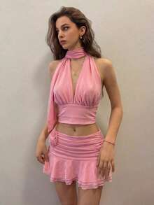 SHEIN EZwear Bộ đồ hè cho nữ gồm áo hai dây ngắn xếp ly và chân váy mini, màu hồng, thích hợp cho kỳ nghỉ ở đảo. - Hồng - Xem 4