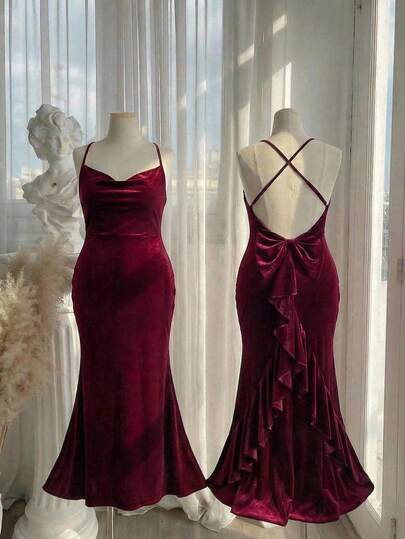 SHEIN MOD 女士复古宫廷风荷叶边露肩加大码长裙，饰有飘逸缎带，缎面光泽面料，露背设计，鱼尾裙摆——是派对、度假、约会、生日庆祝、下午茶和节日的理想之选，也是女士沙滩装和生日礼服的完美选择。