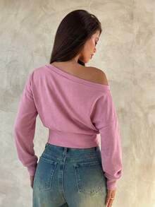 Aloruh Apricot Knit Asymmetric Shoulder Long Sleeve Top For Women, Autumn/Winter - Pink - View 2
